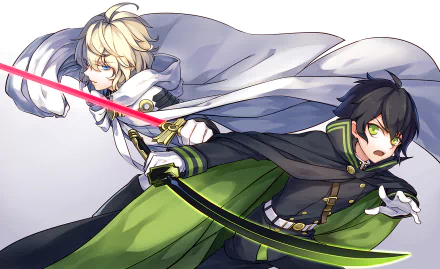 Two anime characters from Seraph of the End are featured: Mikaela Hyakuya with blonde hair and blue eyes wielding a katana, and Yūichirō Hyakuya with black hair and green eyes in a dynamic pose.