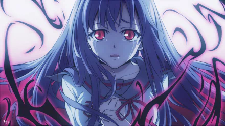 A striking HD wallpaper featuring Mahiru Hīragi from Seraph of the End, showcasing her long blue hair, red eyes, and tears, surrounded by dark, swirling elements.