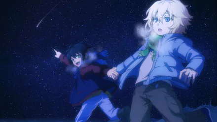 Two anime characters from Seraph of the End, Mikaela Hyakuya and Yūichirō Hyakuya, are running while holding hands under a starry night sky. The characters have green and blue eyes, black and blonde hair.