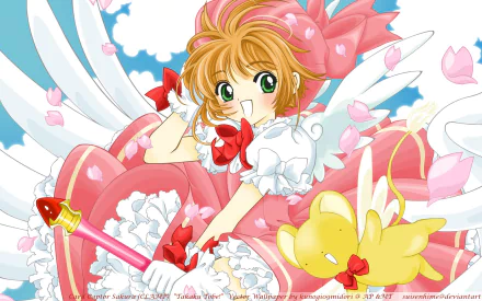 HD PC desktop wallpaper featuring anime character Sakura Kinomoto from Cardcaptor Sakura, surrounded by cherry blossoms and her winged companion Kero-chan.