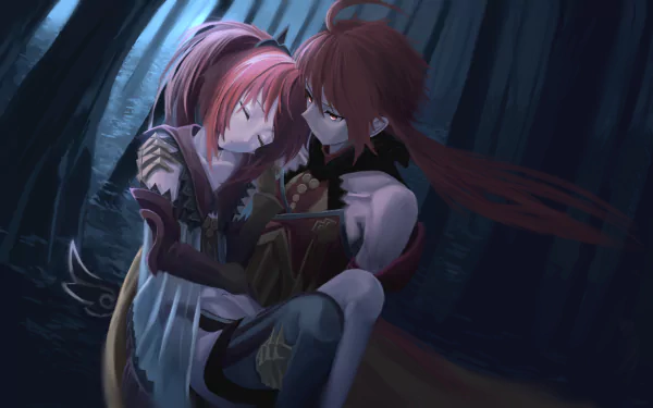 Anime-inspired HD desktop wallpaper featuring Rama from Fate/Grand Order and Caster from Fate/Extra, showcasing red-haired characters with striking red eyes in an intimate pose.