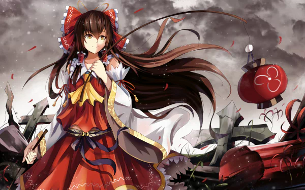 A digital artwork featuring Reimu Hakurei from Touhou, adorned in traditional Japanese clothing. She has long brown hair and stands amidst a dramatic landscape, creating an impactful anime scene.