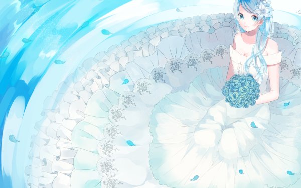 Anime Original Long Hair Blue Eyes Blue Hair Flower Rose Blue Petal Dress White Smile HD Wallpaper | Background Image