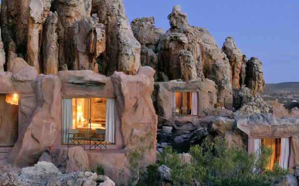 HD wallpaper of a mountain hotel built into rocky cliffs with large glass windows blending natural and man-made elements.
