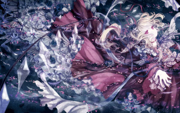 HD anime desktop wallpaper featuring Flandre Scarlet from Touhou, surrounded by swirling crystals and dark floral elements in a dynamic, vivid composition.
