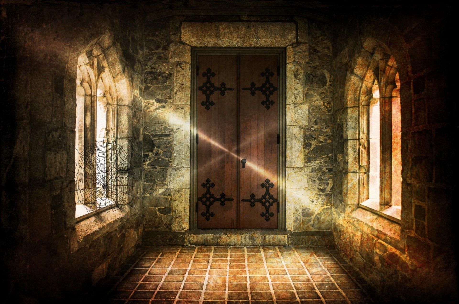 HD PC desktop wallpaper/background: dark fantasy scene — artistic stone chamber with arched windows and shafts of light falling on a heavy wooden door, moody shadows and glowing atmosphere.