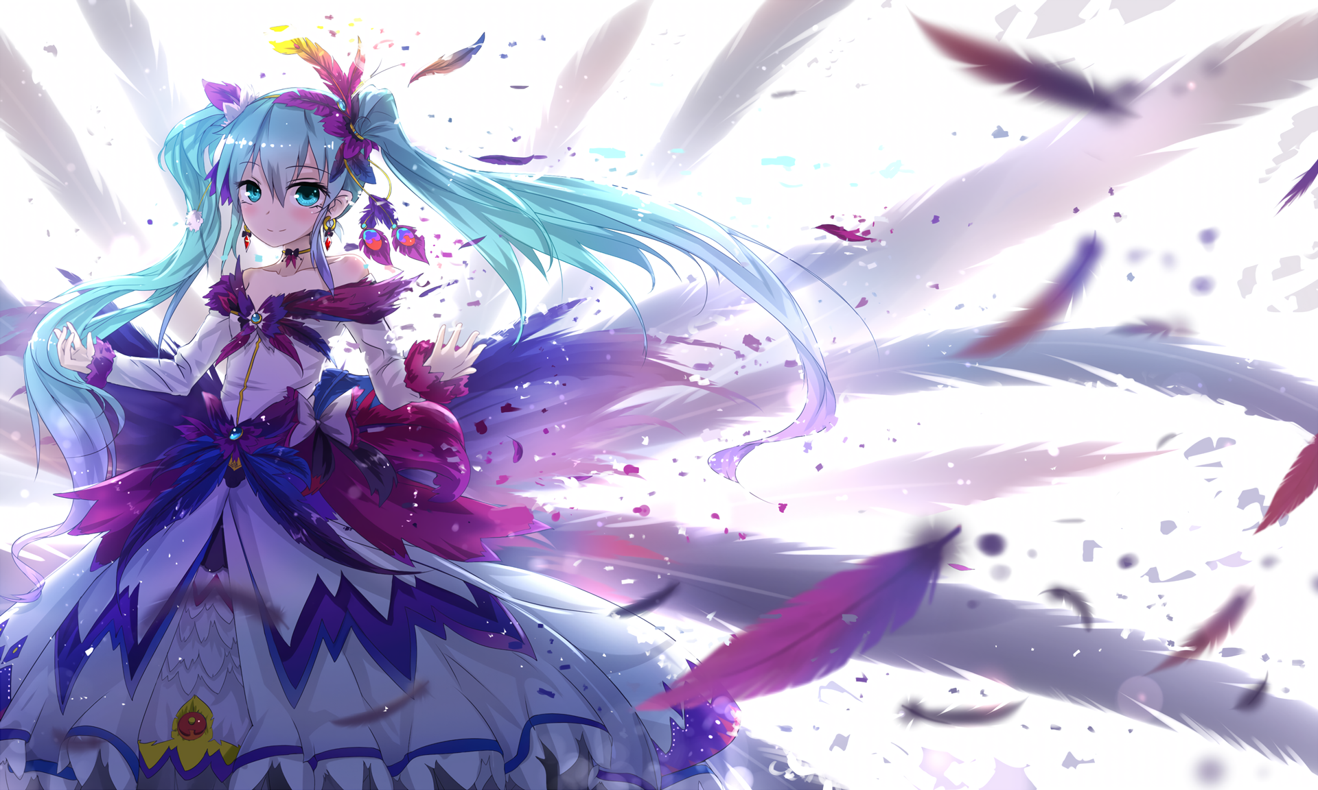 Hatsune Miku, a popular anime Vocaloid character, stands elegantly in a vibrant HD wallpaper, surrounded by colorful feathers and a dynamic background.