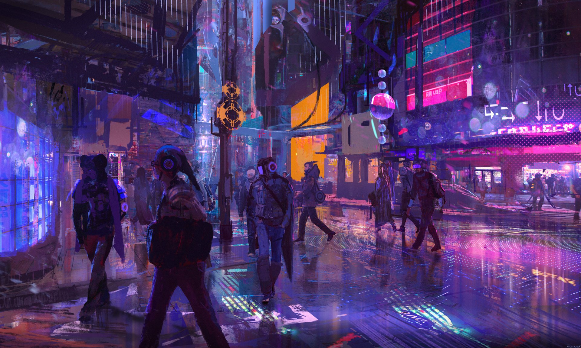 A vibrant sci-fi cityscape at night with futuristic architecture and people walking through neon-lit streets, captured in an HD PC desktop wallpaper background.
