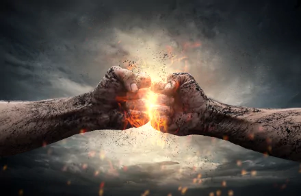 Two muddy fists collide with sparks flying, captured in striking 4K Ultra HD photography, making a powerful and dynamic PC desktop wallpaper background.