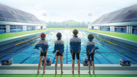 A group of four anime characters stands at the edge of a swimming pool, gazing at the water, all dressed in matching swim team outfits. This scene captures a serene moment from *Free!* in HD.