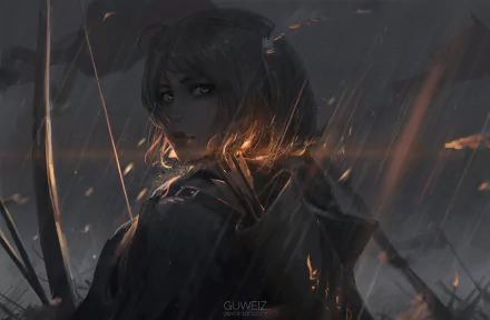 A fierce woman warrior with short hair wears a decorative hair ornament, standing in the rain amidst arrows and bows, creating a striking fantasy scene in this HD wallpaper.