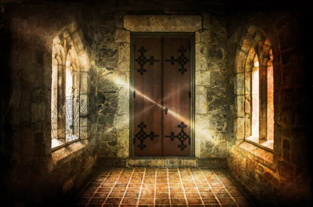 HD PC desktop wallpaper/background: dark fantasy scene — artistic stone chamber with arched windows and shafts of light falling on a heavy wooden door, moody shadows and glowing atmosphere.