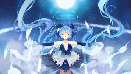 HD anime desktop wallpaper featuring Hatsune Miku from Vocaloid, surrounded by glowing blue ribbons and ethereal light under a bright full moon.