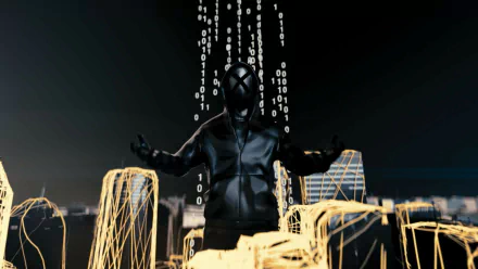 HD PC desktop wallpaper and background: masked hacker in a hoodie beneath cascading binary code and neon city lines, evoking the movie Who Am I.