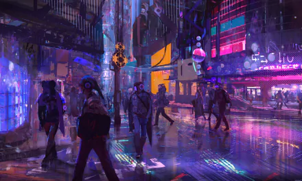 A vibrant sci-fi cityscape at night with futuristic architecture and people walking through neon-lit streets, captured in an HD PC desktop wallpaper background.