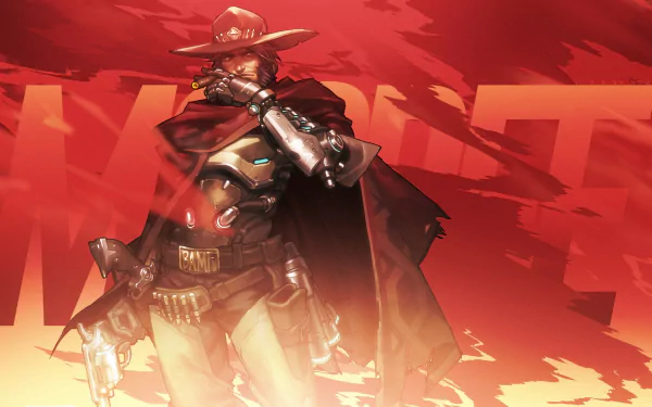 HD desktop wallpaper featuring McCree, a character from the video game Overwatch, standing against a fiery red background.