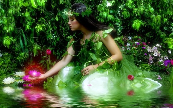 Fantasy Fairy Spring Water Lily Pond Leaf Flower Brunette Makeup HD Wallpaper | Background Image