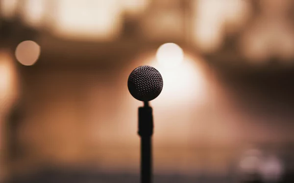 A close-up of a microphone with a soft depth of field background, capturing the essence of music and performance in a warm, atmospheric setting. HD desktop wallpaper.