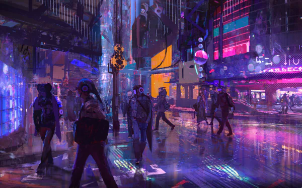 A vibrant sci-fi cityscape at night with futuristic architecture and people walking through neon-lit streets, captured in an HD PC desktop wallpaper background.
