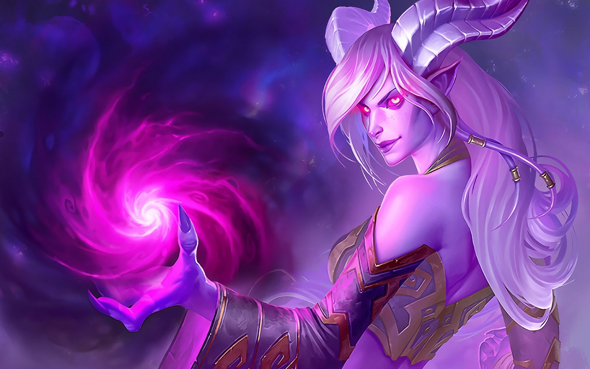 HD desktop wallpaper from Hearthstone: Heroes of Warcraft’s Whispers of the Old Gods expansion, featuring a mystical horned female character conjuring purple magic.