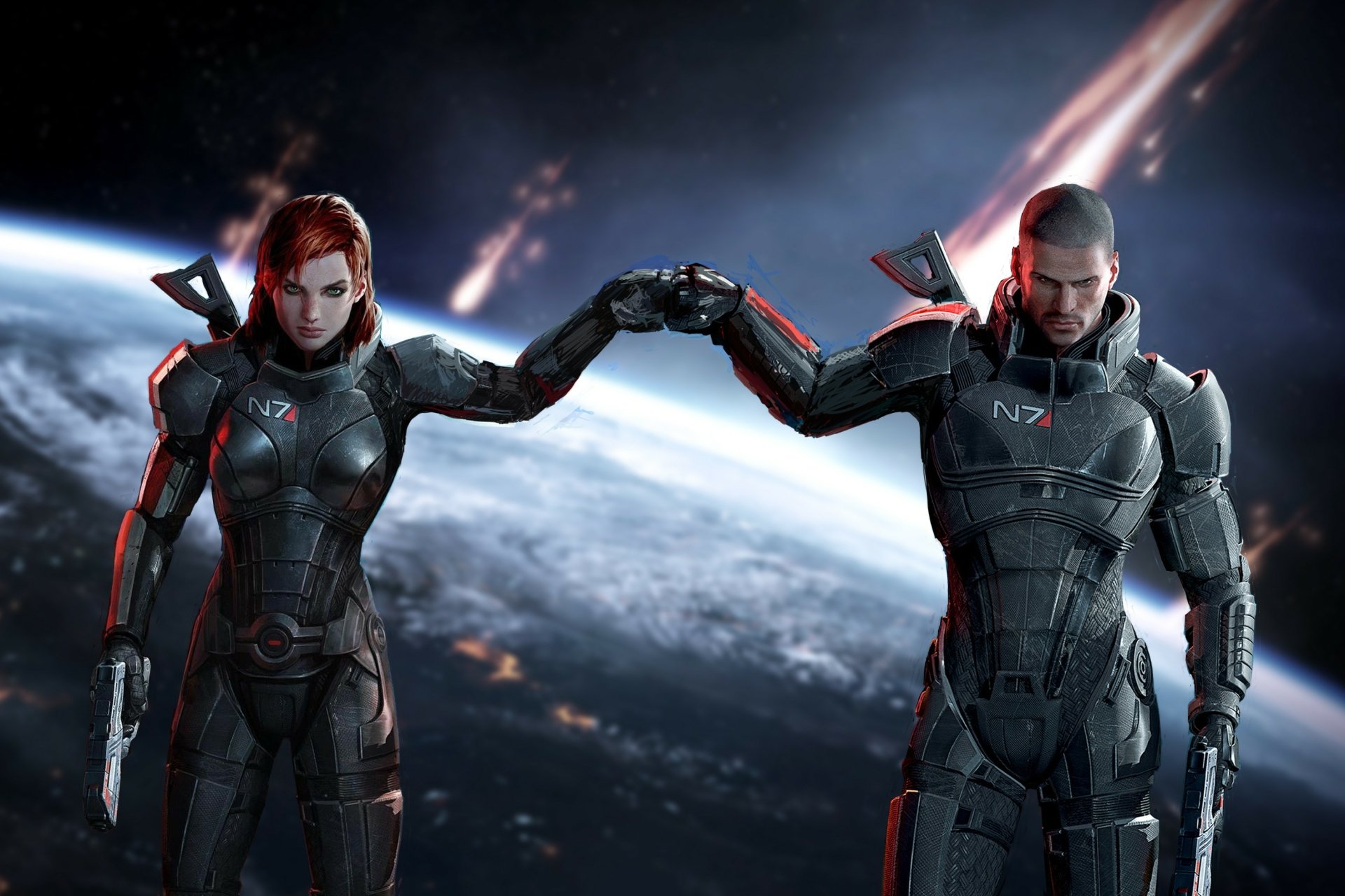 Commander Shepard stands alongside a fellow soldier in sleek armor, both holding weapons against a dramatic space backdrop from Mass Effect 3. This HD wallpaper captures the game's epic sci-fi themes.
