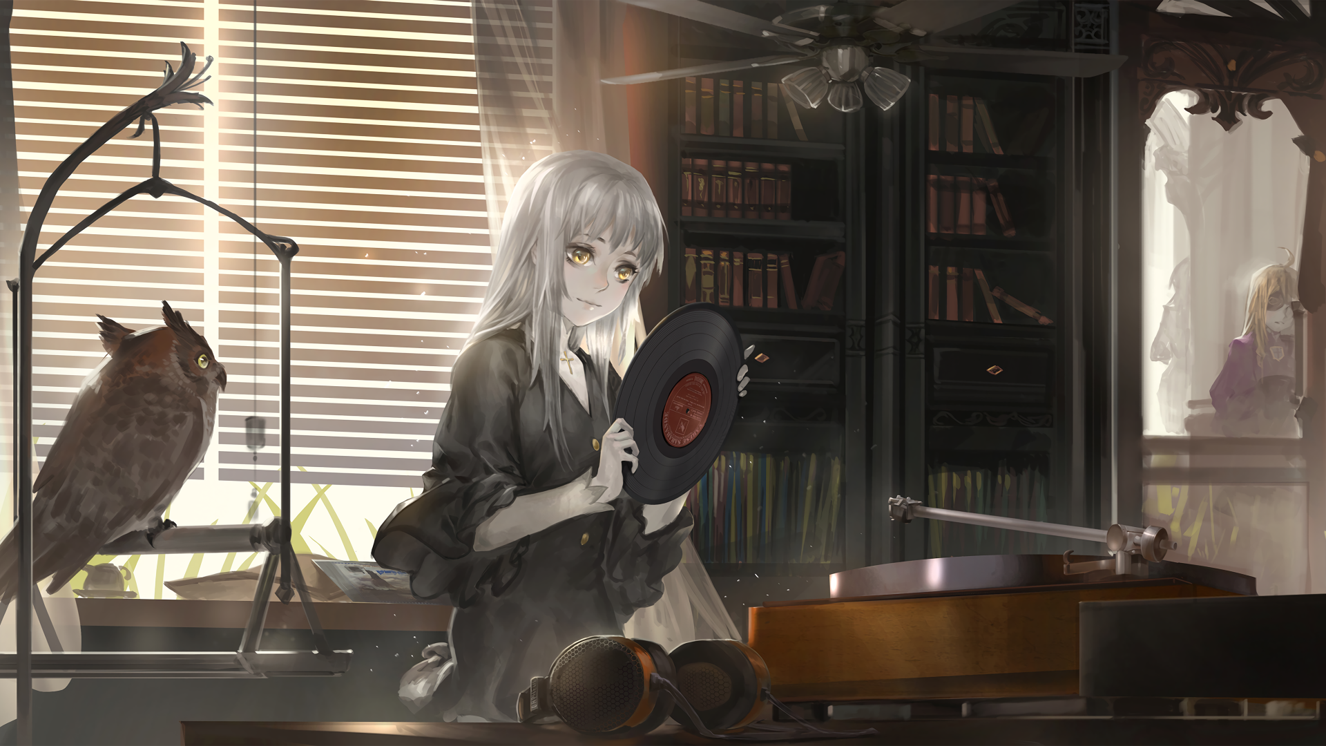 Anime Pixiv Fantasia T 4K Ultra HD PC desktop wallpaper: a silver‑haired girl in a book‑filled study holds a vinyl by a turntable, an owl perches nearby in slatted sunlight.