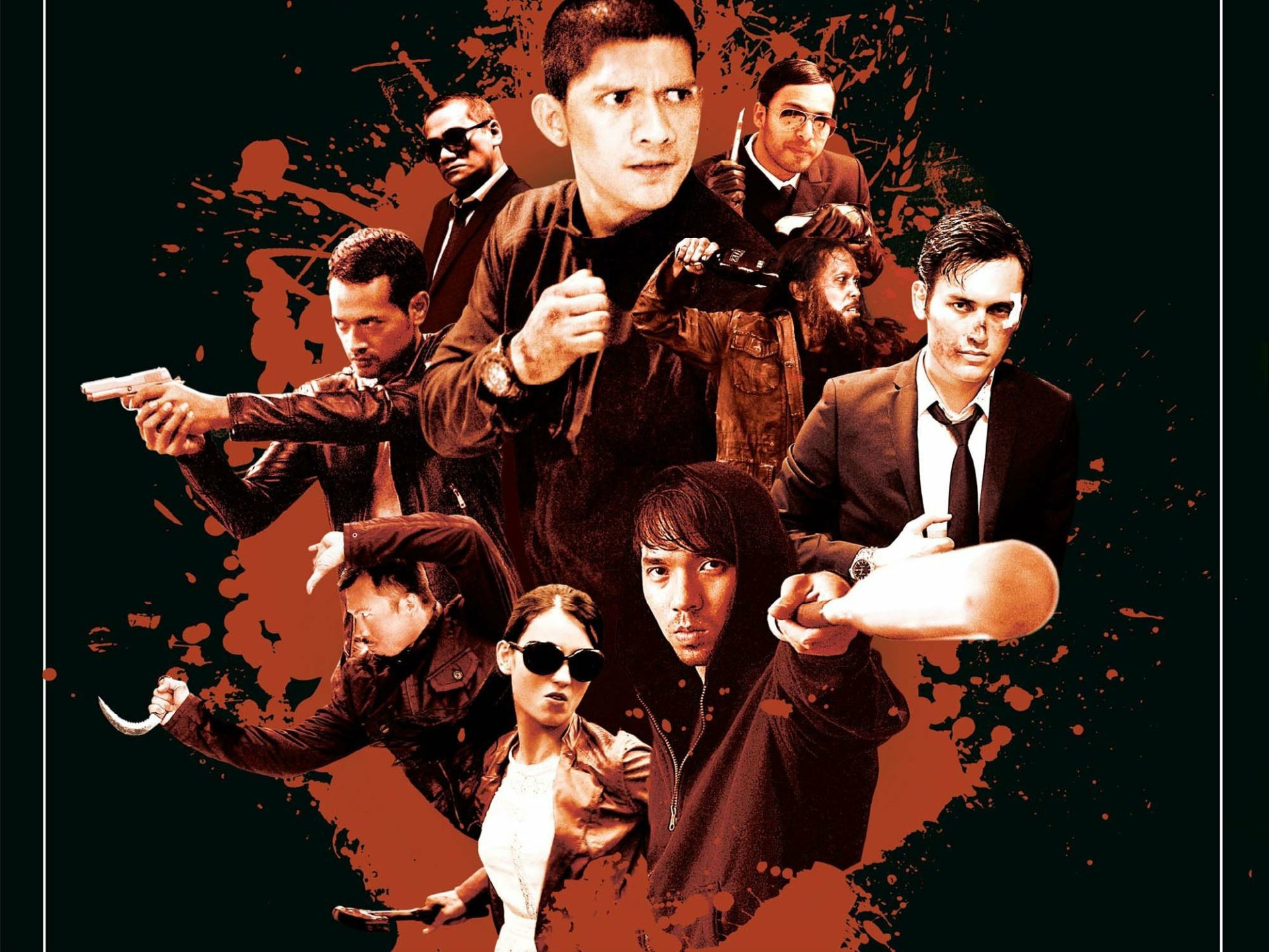 HD PC desktop wallpaper featuring intense characters from the movie The Raid 2, showcasing a dramatic action-packed scene with a dark, gritty background.