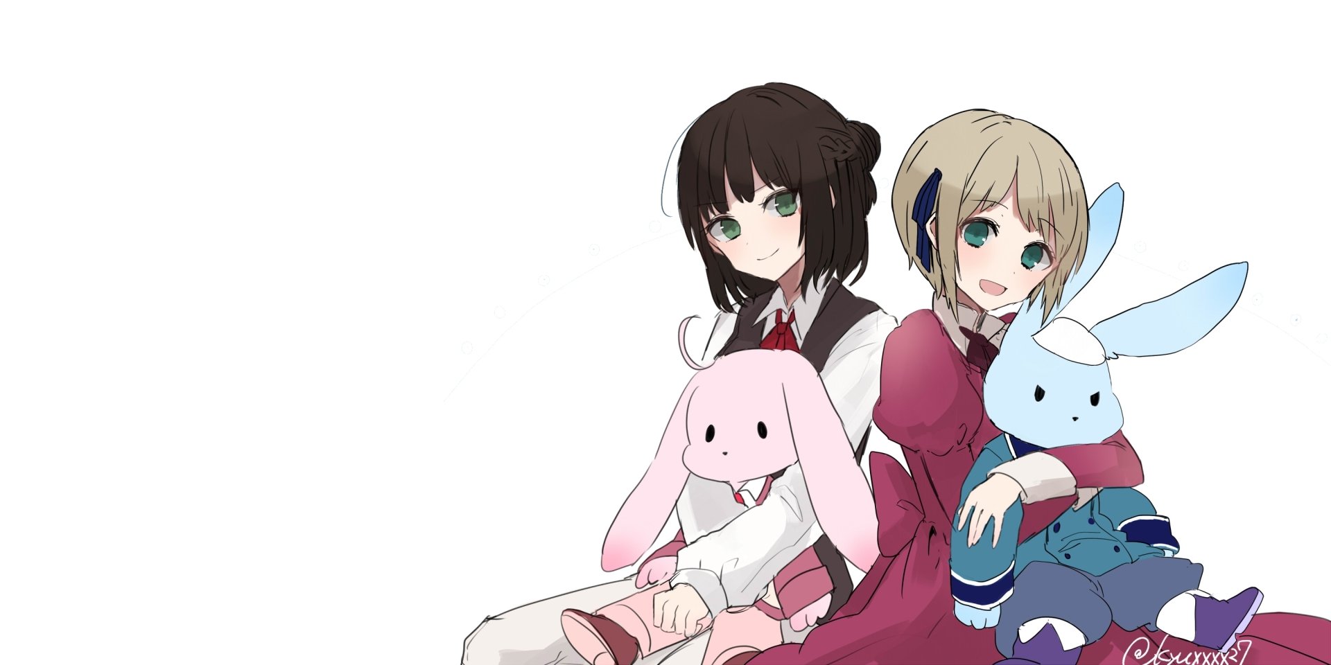 Download Stuffed Animal Dress Smile Blush Green Eyes Bunny Blonde Black Hair Short Hair Liechtenstein Czech Republic Anime Hetalia Axis Powers HD Wallpaper