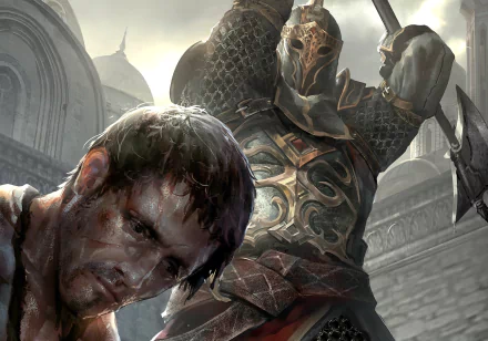 HD PC desktop wallpaper featuring a dramatic scene from the video game The Elder Scrolls: Legends, showcasing a warrior in ornate armor amidst a tense moment.