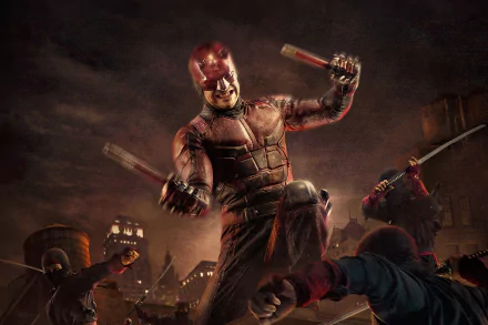 HD desktop wallpaper featuring Daredevil from the TV show, poised in combat with multiple opponents in a dark, urban setting.