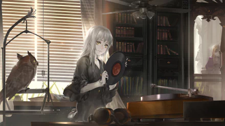 Anime Pixiv Fantasia T 4K Ultra HD PC desktop wallpaper: a silver‑haired girl in a book‑filled study holds a vinyl by a turntable, an owl perches nearby in slatted sunlight.