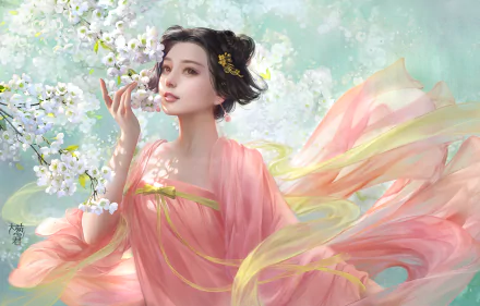 A fantasy-inspired image of a woman in a flowing pink gown, gently touching a white blossom, set against a serene backdrop, making it a stunning HD desktop wallpaper.