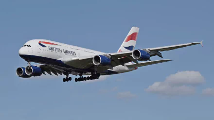 A British Airways Airbus A380 in flight against a clear blue sky, showcasing its impressive design as a powerful passenger aircraft. High-definition desktop wallpaper for aviation enthusiasts.