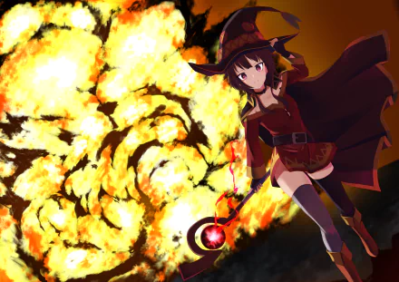 Megumin from KonoSuba stands confidently amidst a fiery explosion, showcasing her magic in this vibrant HD wallpaper from KonoSuba - God’s Blessing on This Wonderful World!!