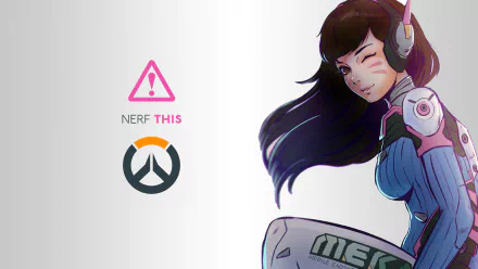 HD desktop wallpaper featuring D.Va (Hana Song) from Overwatch by Blizzard Entertainment, alongside the Overwatch logo and Nerf This text.
