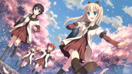 A vibrant HD wallpaper featuring four characters from YuruYuri in school uniforms, with pink and blonde long hair, joyfully running amidst cherry blossoms under a blue sky.