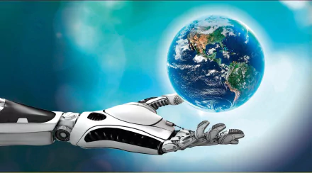 HD PC desktop wallpaper showing a robotic hand gently holding Earth, symbolizing Earth Day and the holiday spirit of environmental care and technology.