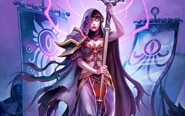 HD PC desktop wallpaper featuring a powerful mage from Hearthstone: Heroes of Warcraft, inspired by the Whispers of the Old Gods expansion, with glowing magical effects.