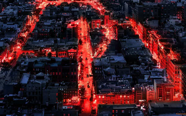 HD PC desktop wallpaper featuring a cityscape illuminated in red, representing the Daredevil TV show with its iconic urban and night-time atmosphere.