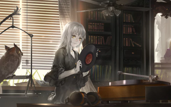 Anime Pixiv Fantasia T 4K Ultra HD PC desktop wallpaper: a silver‑haired girl in a book‑filled study holds a vinyl by a turntable, an owl perches nearby in slatted sunlight.