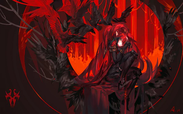Anime-style HD PC desktop wallpaper from Pixiv Fantasia Fallen Kings, featuring a dark, red-toned character surrounded by black ravens against a fiery forest backdrop.