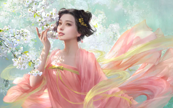 A fantasy-inspired image of a woman in a flowing pink gown, gently touching a white blossom, set against a serene backdrop, making it a stunning HD desktop wallpaper.