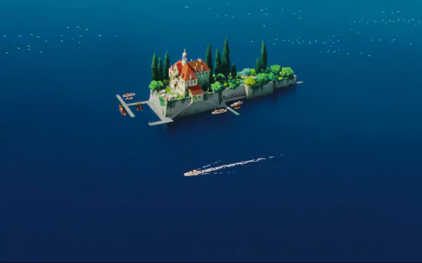 A picturesque island mansion with lush greenery, surrounded by serene blue waters, features charming boats and evokes the whimsical style of Studio Ghibli’s Porco Rosso.
