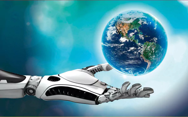 HD PC desktop wallpaper showing a robotic hand gently holding Earth, symbolizing Earth Day and the holiday spirit of environmental care and technology.