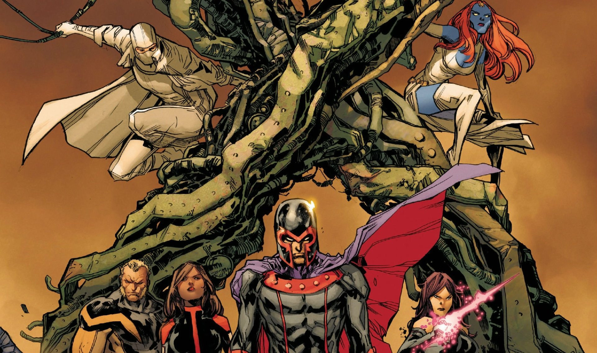 HD PC desktop wallpaper featuring Uncanny X-Men superheroes, including Magneto, showcasing dynamic poses with a large tree in the background in vibrant comic book style.