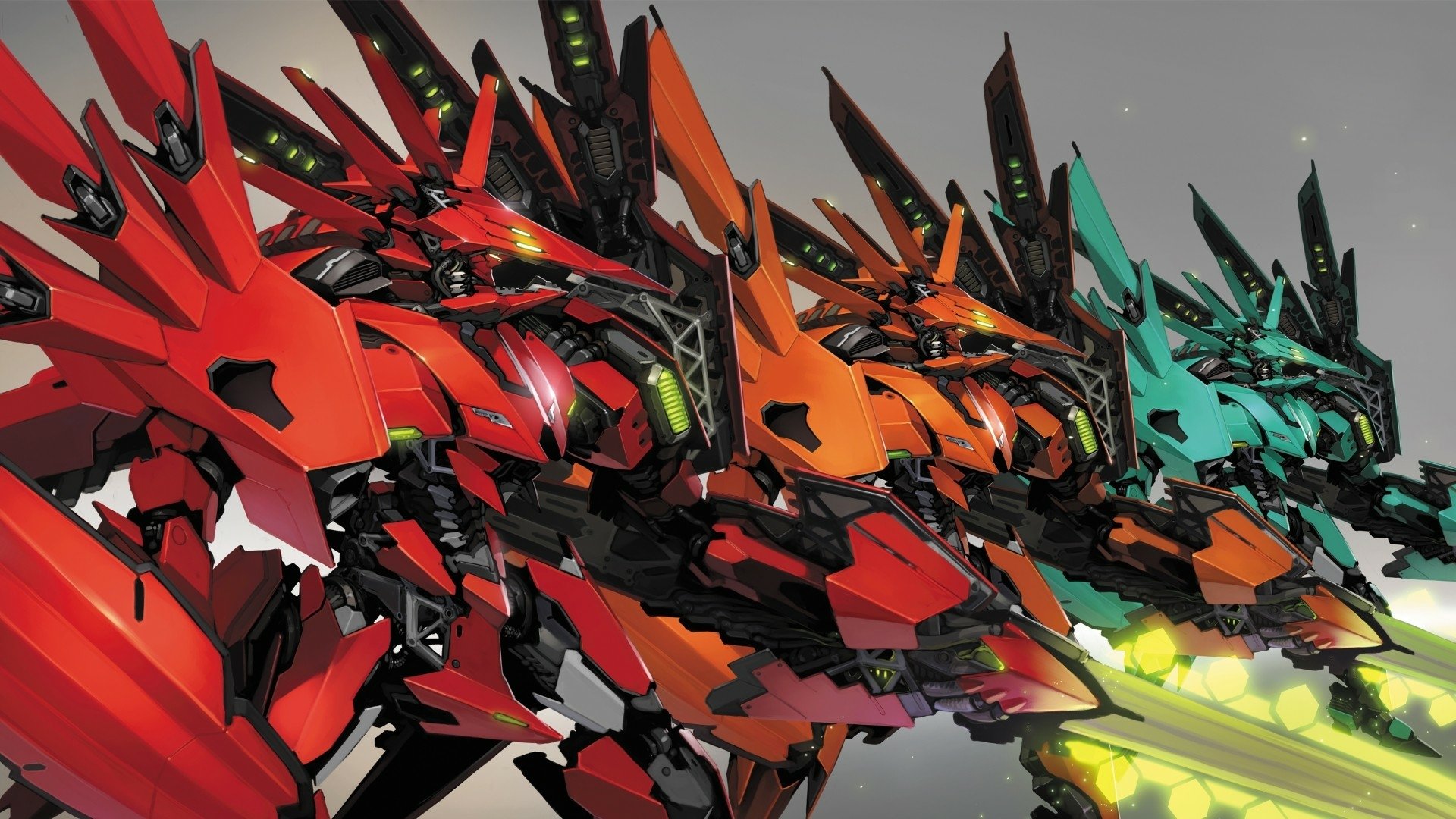 HD PC desktop wallpaper background: Anime mecha (mech) lineup—red, orange and teal armored robots with sharp angular plating and glowing green weapons.