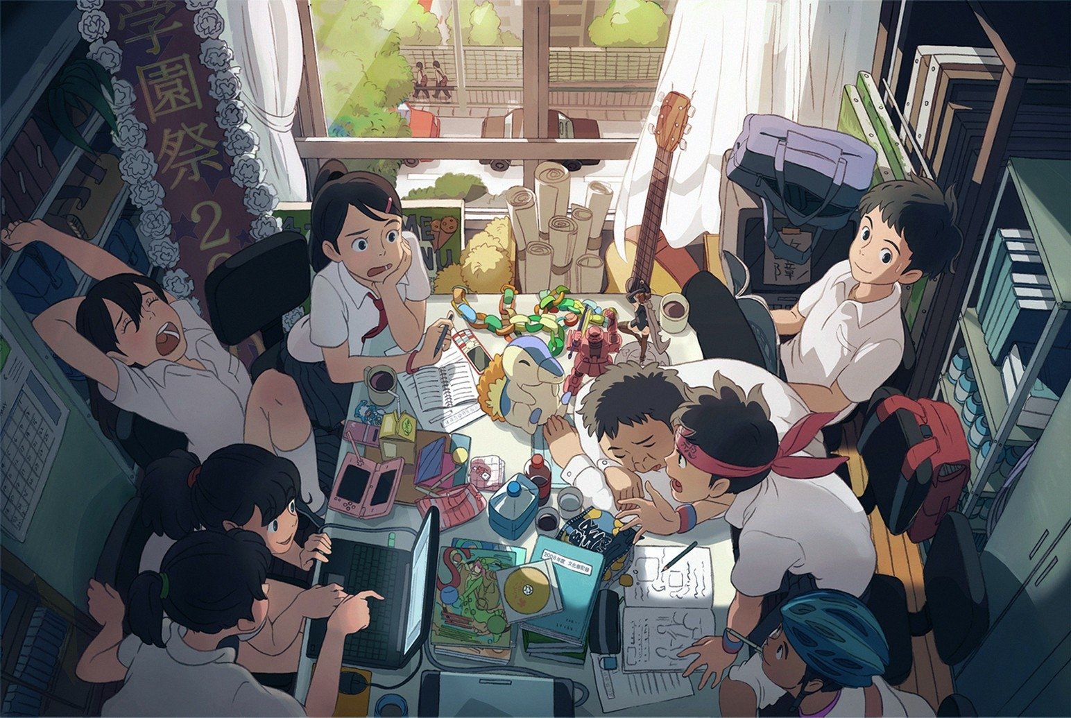 HD anime-style PC wallpaper featuring a group of students studying together in a cozy room, with vibrant details and warm sunlight streaming through the window.