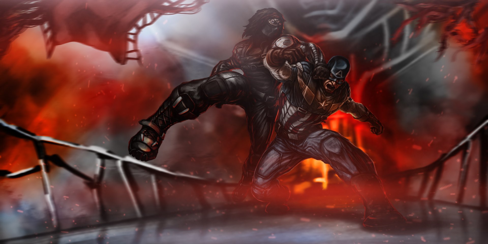 2K Quad HD PC desktop wallpaper of the Winter Soldier fighting Captain America amid fiery wreckage — cinematic Captain America: The Winter Soldier movie scene.