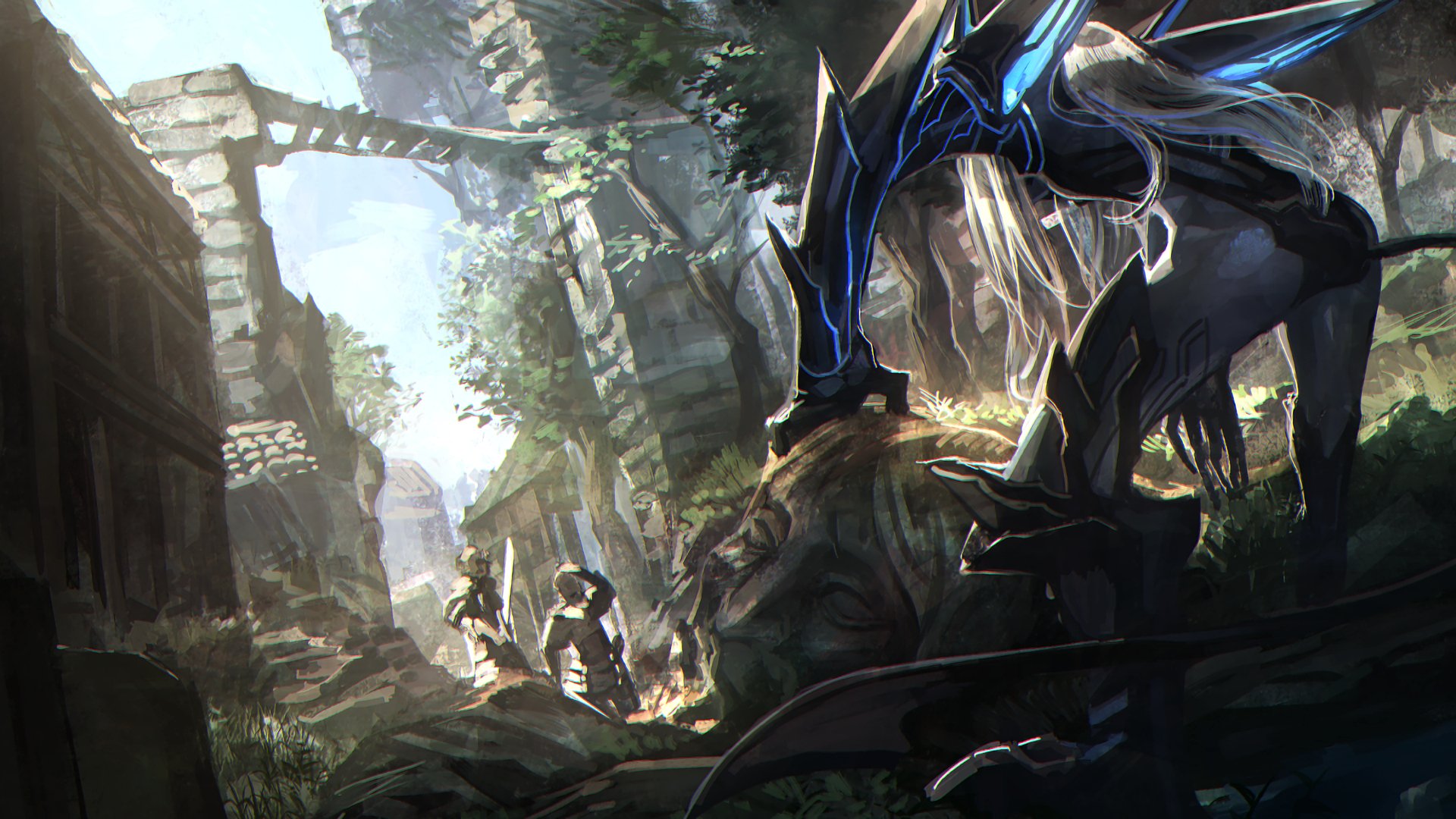 Anime-style HD PC desktop wallpaper featuring a mysterious armored figure overlooking ruins with two small characters exploring below in a dramatic, original fantasy setting.