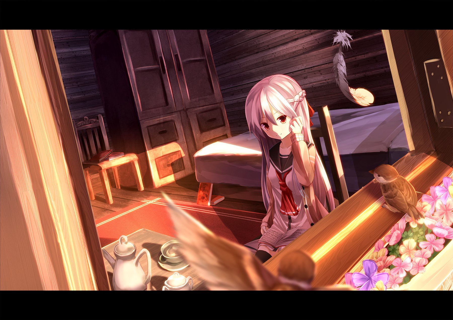 A girl in a school uniform sits at a table with a tea set, smiling at the viewer. Sparrows flutter nearby, and flowers adorn the scene in this serene anime-themed wallpaper.